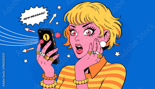 Pop Art Style Illustration of a Shocked Woman Checking a New Message on Smartphone for Social Media Marketing, Breaking News Alerts, and Mobile Notification Concepts