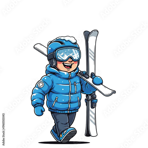 A joyful cartoon skier, warmly dressed in blue winter apparel, carrying skis and poles, embarking on an exciting mountain adventure through fresh snow