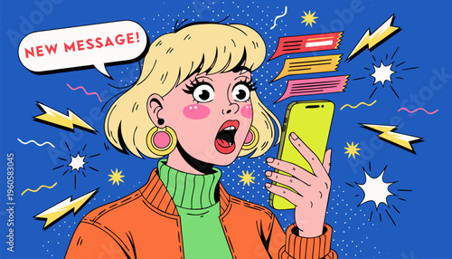 Pop Art Style Illustration of a Shocked Woman Checking a New Message on Smartphone for Social Media Marketing, Breaking News Alerts, and Mobile Notification Concepts
