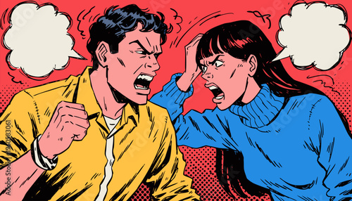 Retro Pop Art Illustration of a Man and Woman in a Heated Argument for Relationship Counseling, Communication Crisis Management, and Mental Health Awareness Concepts