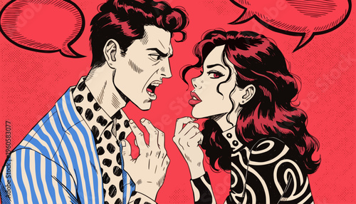 Retro Pop Art Illustration of a Man and Woman in a Heated Argument for Relationship Counseling, Communication Crisis Management, and Mental Health Awareness Concepts