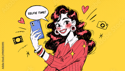 Modern Pop Art Illustration of a Stylish Woman Taking a Selfie with a Smartphone and Selfie Time Speech Bubble for Social Media Marketing and Influencer Content