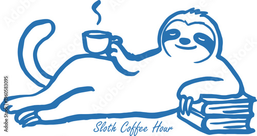 Sloth relaxing with coffee and books