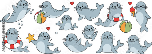 Cute seal characters collection with playful poses beach elements and cartoon marine animals vector illustration set
