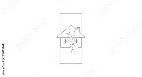 Vector graphic of a home with a central crack, illustrating property damage or distress