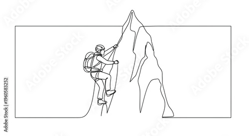 Continuous line art drawing of a courageous mountaineer ascending a formidable mountain peak with