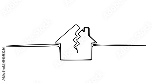 A single line art illustration representing a broken home due to familial discord or separation