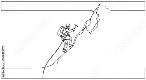 Minimalist continuous line art depicting a resilient ice climber scaling a formidable mountain