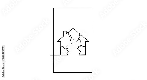 Minimalist continuous line art depicting a structurally fractured dwelling on white background