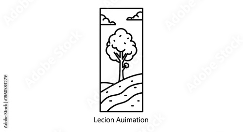 Minimalist line art depicting a lone tree on gently contoured hills beneath a cloudy sky tranquil