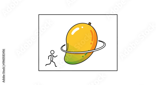 A playful stick figure's ambitious pursuit of a colossal, ringed mango fruit in a whimsical cartoon