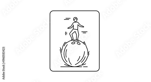 Person skillfully maintaining perfect balance atop a large tropical coconut illustration