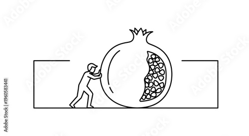 Minimalist line art illustration depicting a person pushing a large, ripe pomegranate fruit with