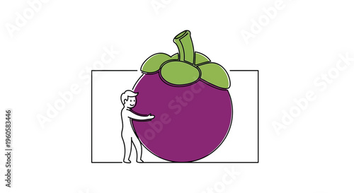 Adorable cartoon character embracing a giant mangosteen fruit, symbolizing health and natural