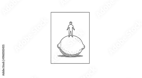 Minimalist black and white illustration of a small human figure balanced precariously on a