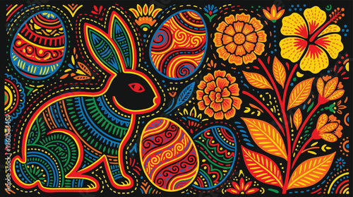 Huichol style Easter bunny and eggs vector, Mexican folk art rabbit with vibrant floral patterns, colorful beaded texture animal illustration