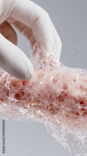Gloved scientist stretching transparent artificial skin biomaterial mesh with porous cellular network structure, engineered for medical prosthetics transplantation and human tissue regeneration.