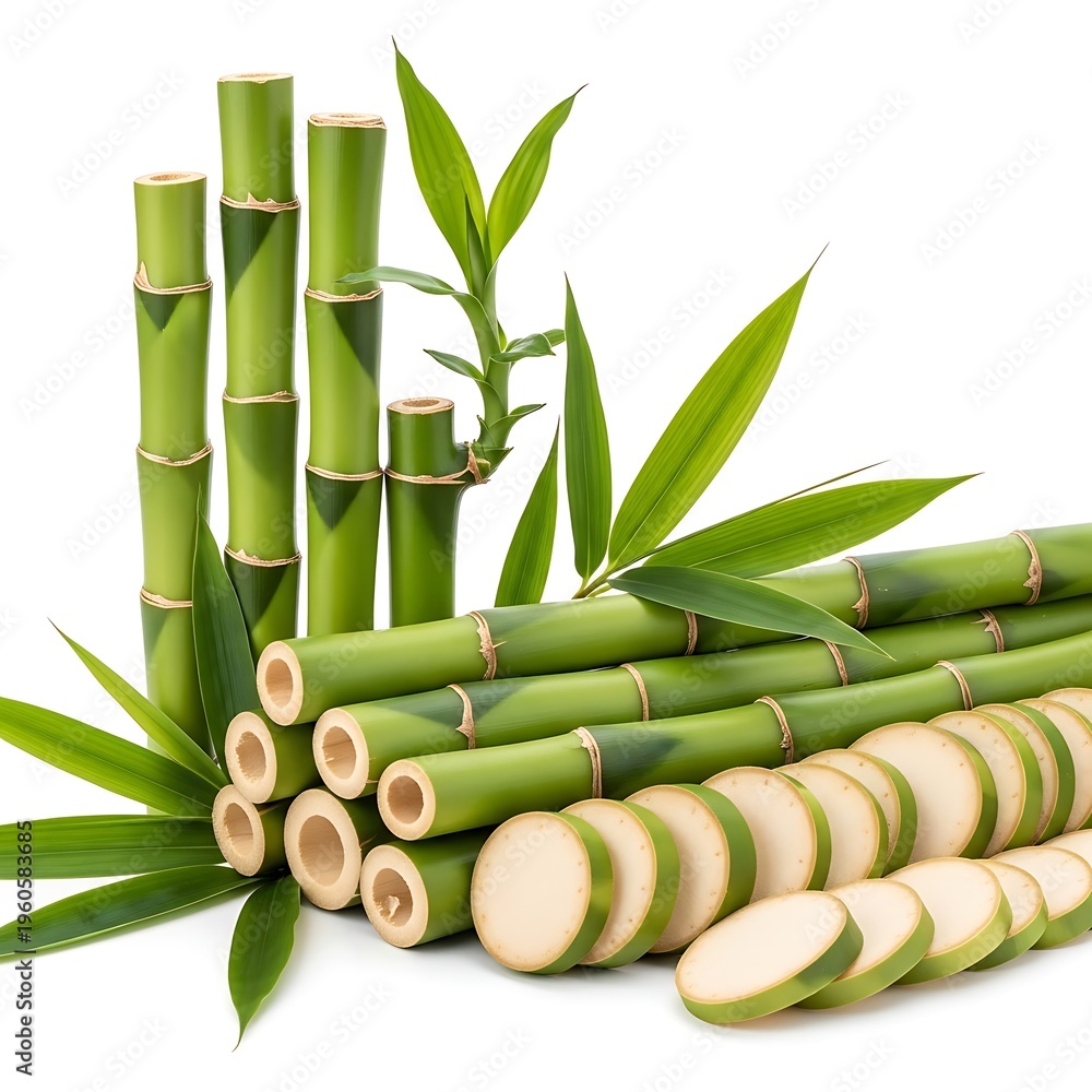 Fototapeta premium Fresh green bamboo stalks with leaves isolated on transparent background