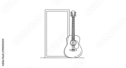 Minimalist acoustic guitar line art illustration with a rectangular frame background element