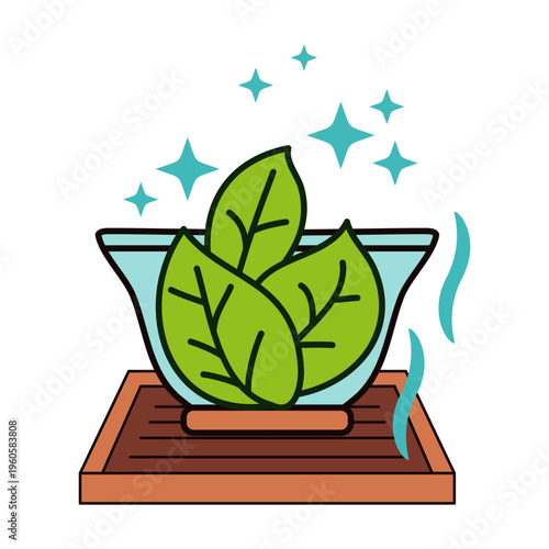 Green tea leaves in ceramic bowl for oriental ceremony. Traditional infusion prepared in tea house. Natural organic beverage, refreshing healthy drink, ritual culture icon design