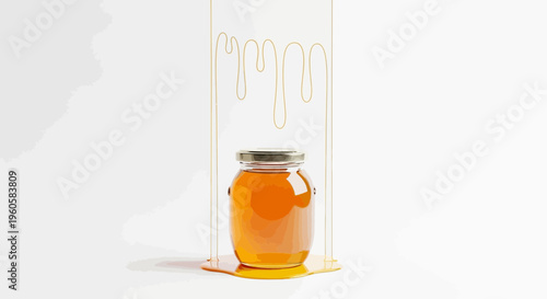 Golden liquid honey in a classic glass jar with artistic stylized drips on a bright clean background
