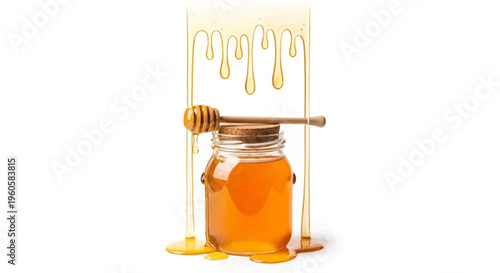 Golden liquid sweetness: a vibrant jar of natural honey with a wooden dipper and delectable drips