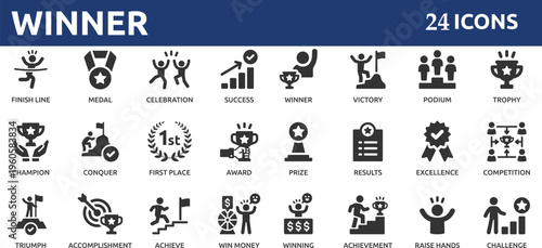 Winner 24 icon set. Containing victory, success, prize, celebration, podium, win money, finish line and trophy icons.