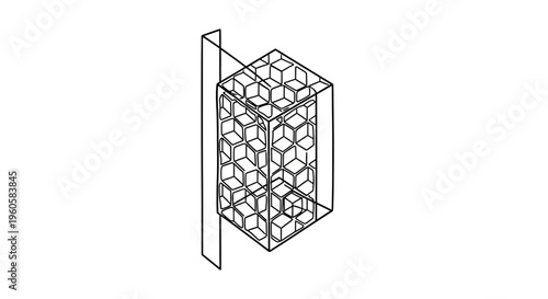 Minimalist geometric illustration of a cellular structure with hexagonal grid patterns creating a