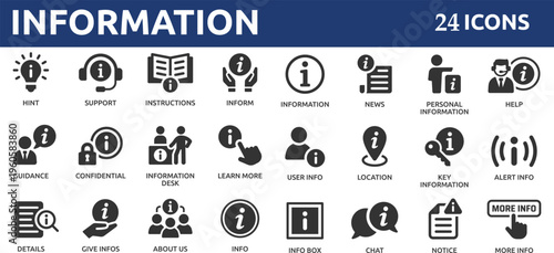 Information 24 icon set. Containing info, help, inform, support, news, about us, instructions and notice icons.