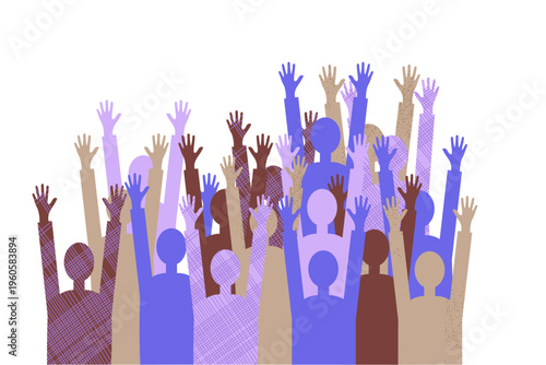 Diverse group of people raising hands together in unity. Community and support. Crowd of characters voting or protesting with hands up. Democracy, human rights, activism. Vector isolated illustration
