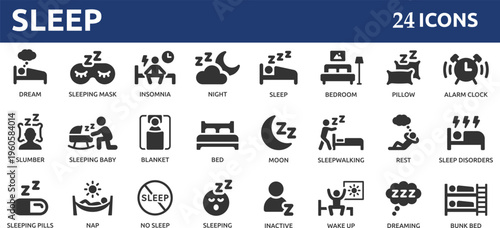 Sleep 24 icon set. Containing sleeping, bedroom, dream, pillow, bed, alarm clock, insomnia, night, rest and sleep disorders icons.