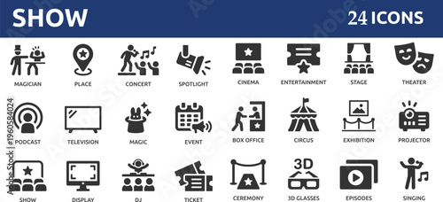 Show 24 icon set. Containing entertainment, stage, spotlight, cinema, ticket, theater, magician, concert, event, circus and more.