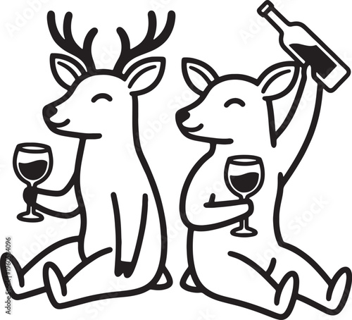Two deer drinking wine together happily