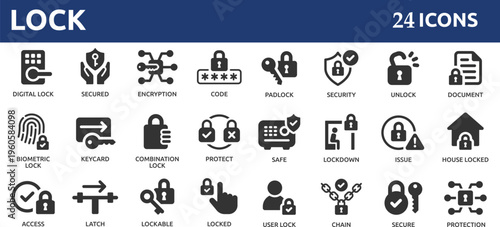 Lock 24 icon set. Containing padlock, security, unlock, lock document, secured, biometric, chain, protect and secure icons.