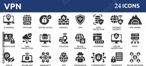 VPN 24 icon set. Containing secure connection, cybersecurity, privacy, encrypted, proxy, firewall, online protection and more.