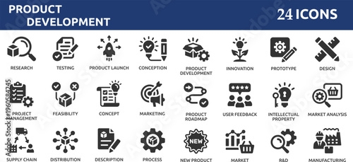 Product development 24 icon set. Containing innovation, prototype, design, research, testing, product launch, conception and marketing icons