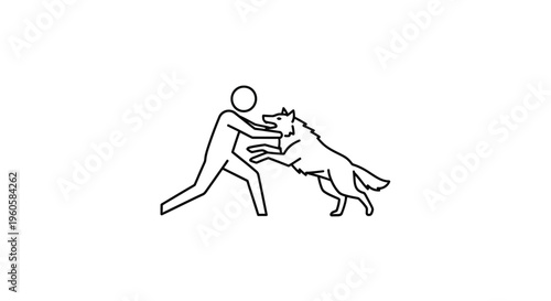 Simple linear illustration of a human figure bracing against an animated large dog