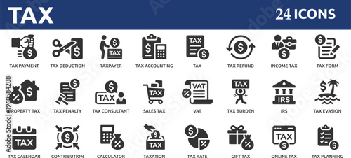 Tax 24 icon set. Containing tax refund, tax deduction, payment, tax accounting, calculator, taxpayer, VAT, taxation and income icons.