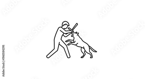 Stylized line art illustration depicting a person using a stick to defend against an aggressive