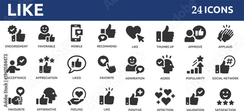 Like 24 icon set. Containing thumbs up, favorite, liked, favorable, positive, appreciation, affirmative, validation and more.