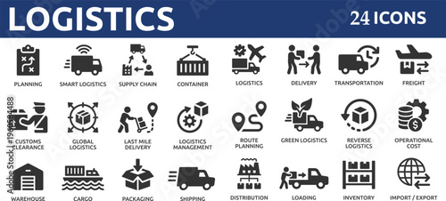 Logistics 24 icon set. Containing distribution, shipping, transportation, delivery, cargo, freight, route planning, supply chain, export and import icons.