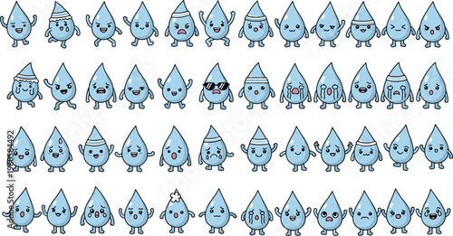 Cute water drop characters collection with different emotions expressions and poses cartoon hydration mascots vector illustration set
