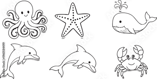 Sea life doodle set. Marine life elements. Sea animals, fish, shrimp, algae, corals, turtle, dolphin in sketch style. Hand drawn vector illustration isolated on white background