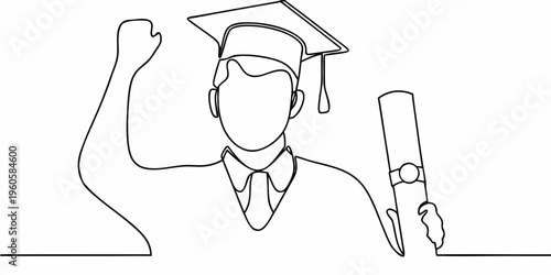 Line art illustration of a graduating student celebrating success