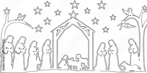 Line art depicting a nativity scene with stars and silhouettes