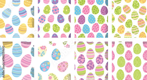 Easter egg seamless patterns collection with colorful decorated eggs spring holiday backgrounds vector illustration set