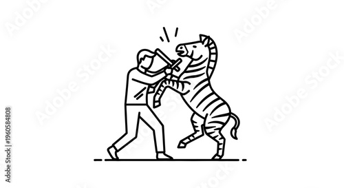 Communicating with wildlife: a person uses a megaphone to engage a startled zebra in a stark line