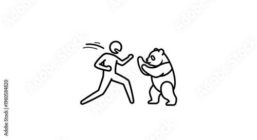 Dynamic minimalist line art depicting a brave stick figure confronting a standing bear in a