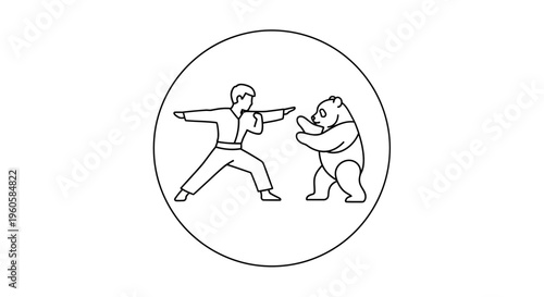 A captivating monochrome line illustration portraying a martial artist facing a wild bear in a