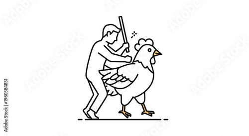 Whimsical Human Riding a Domestic Fowl with a Stick for a Unique Journey Illustration